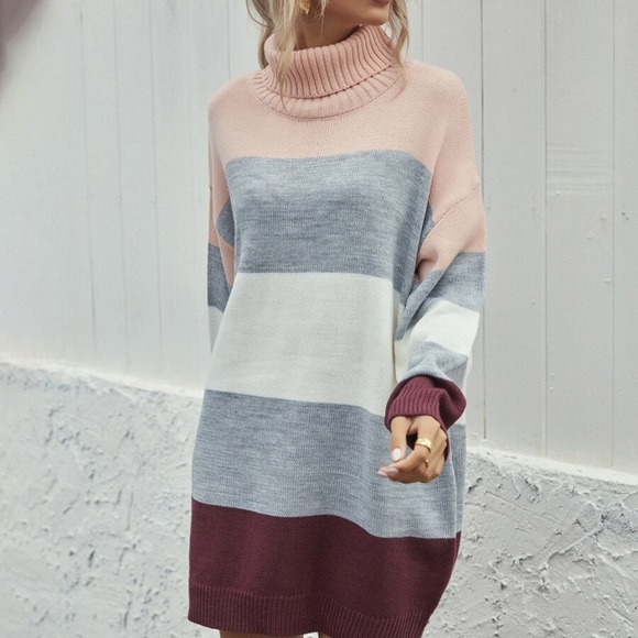 color block turtleneck striped knit sweater dress - Picture 3 of 6